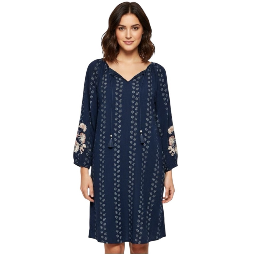 J. Jill Navy Floral Embroidered 3/4 Sleeve Chambray Dress Sz Small